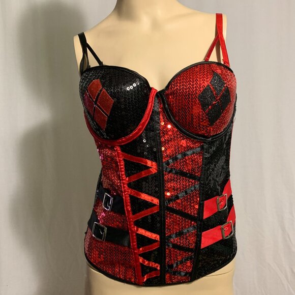 DC Comics Harley Quinn Batman Corset Sequins Cosplay Costume Halloween Women S/M - Picture 1 of 7